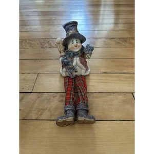 Snowman Shelf Sitter w/ Red Plaid Pants Winter Decor Sparkle Christmas